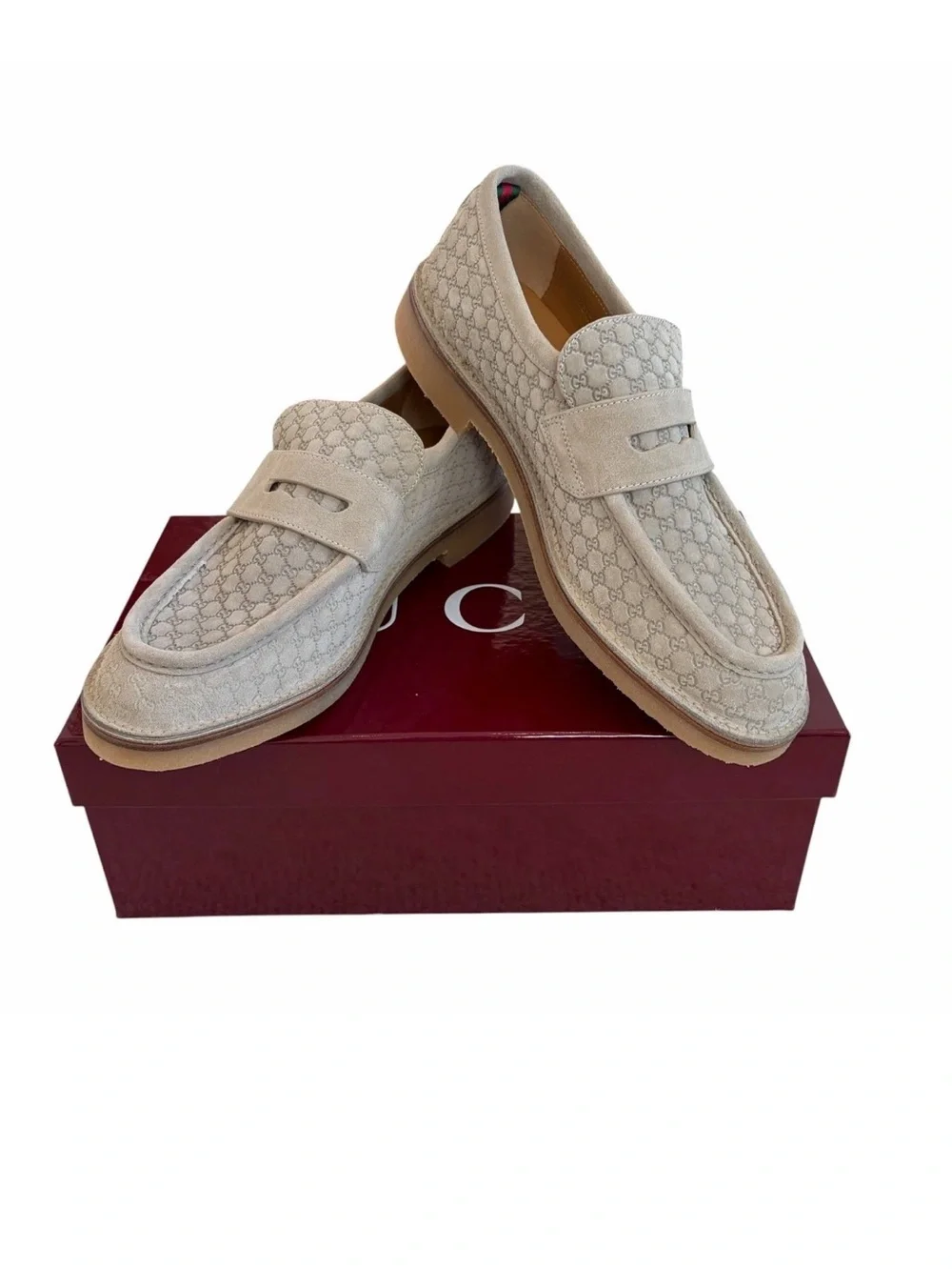 NWT Gucci Beige Suede Monogram Penny Loafers US 9